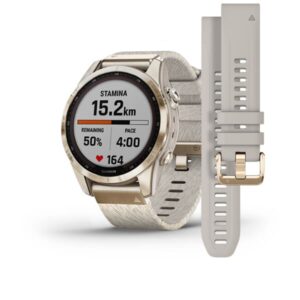 Garmin Fenix 7S - Sapphire Solar Edition, Cream Gold Titanium With Cream Heathered Nylon Band And Light Sand Silicone Band - Image 1