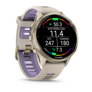 GARMIN Forerunner 970 GPS running watch, Soft Gold Titanium with French Gray Case and French Gray/ Translucent Indigo Band - Image 7