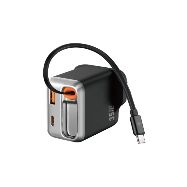 FIFTH ELEMENT HELIX​ Helix 35W GaN Charger with Built-In 70cm Retractable USB-C Cable & Extra USB Ports – Black