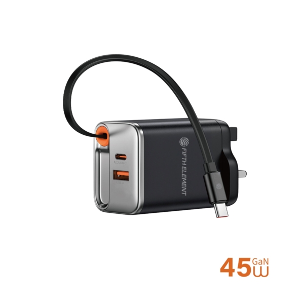 FIFTH ELEMENT HELIX​ Helix 45W GaN Charger with Built-In 70cm Retractable USB-C Cable, Multi-Port PD/PPS Adapter – Black