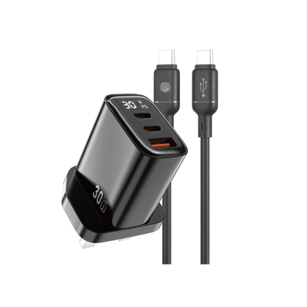 FIFTH ELEMENT PULSE Firefly 30W GaN USB-C PD Fast Charger with Digital Watt Display & USB-A Port, Compact 2-Port Wall Adapter – Black