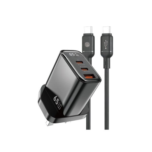 FIFTH ELEMENT PULSE Firefly 65W GaN 3-Port USB-C Laptop & Phone Charger with Digital Watt Display – Black