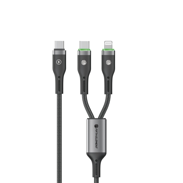 FIFTH ELEMENT SPLIT 1.2m 2-in-1 USB-C & Lightning 100W Fast Charging Nylon Cable with Smart Auto Power-Off – Black