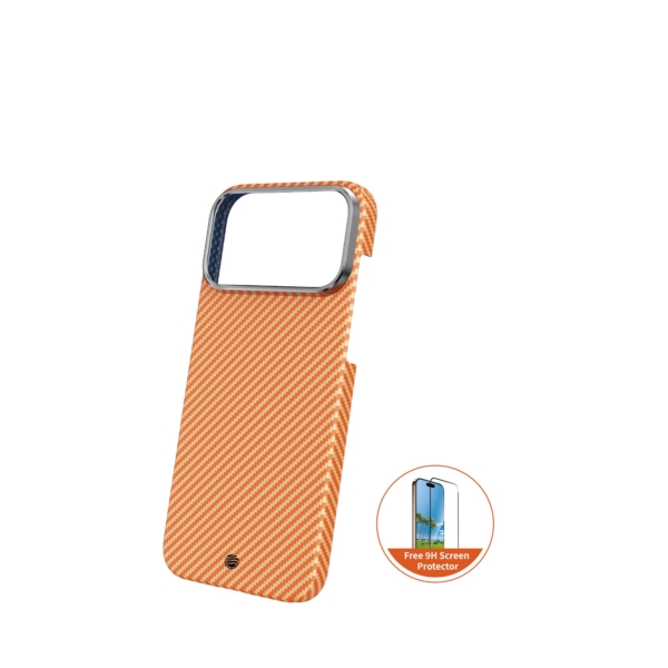 FIFTH ELEMENT AURA Aramid Air MagSafe Case compactible with iPhone 17 Pro, Ultra-Slim Kevlar-Style Protective Cover – Orange with screen Protector