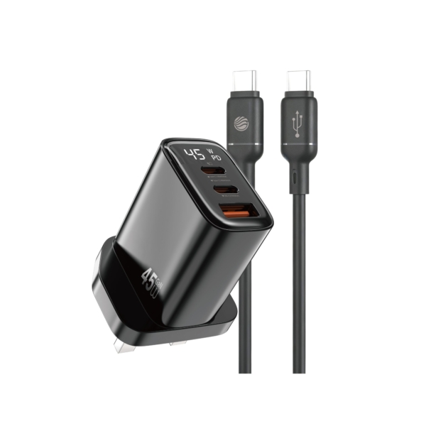 FIFTH ELEMENT PULSE Firefly 45W GaN 3-Port USB-C Fast Charger with Digital Power Display, Multi-Device PD Wall Adapter – Black