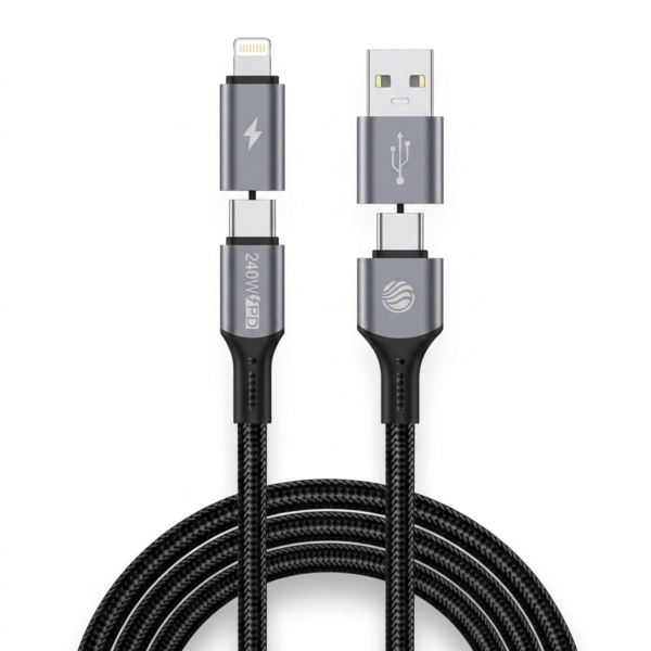 FIFTH ELEMENT SPLIT 1.2m 4-in-1 240W Multi-Charging USB Cable, USB-A/USB-C to USB-C & Lightning with E-Marker – Grey