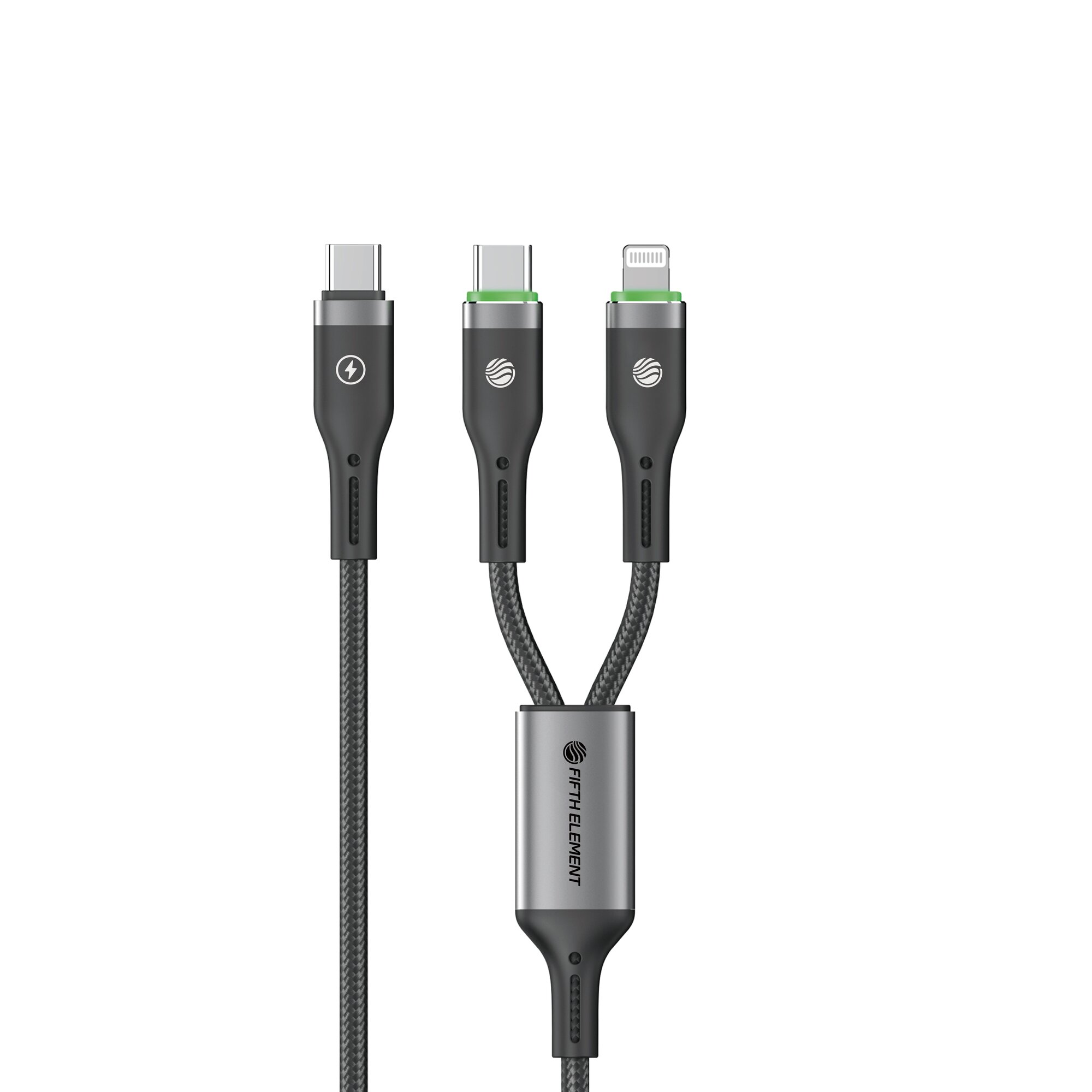 FIFTH ELEMENT SPLIT 1.2m 2-in-1 USB-C & Lightning 100W Fast Charging Nylon Cable with Smart Auto Power-Off – Black