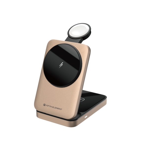 FIFTH ELEMENT ORBIT 3-in-1 15W MagSafe-Compatible Wireless Charging Station compactible with iPhone 8–17, Apple Watch & AirPods, Foldable Aluminium Dock – Gold