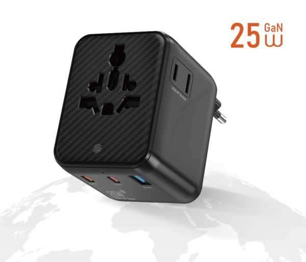 FIFTH ELEMENT ROAM Warrior 25W GaN Universal Travel Adapter with Dual USB-C & USB-A, Compact Fast Charger – White